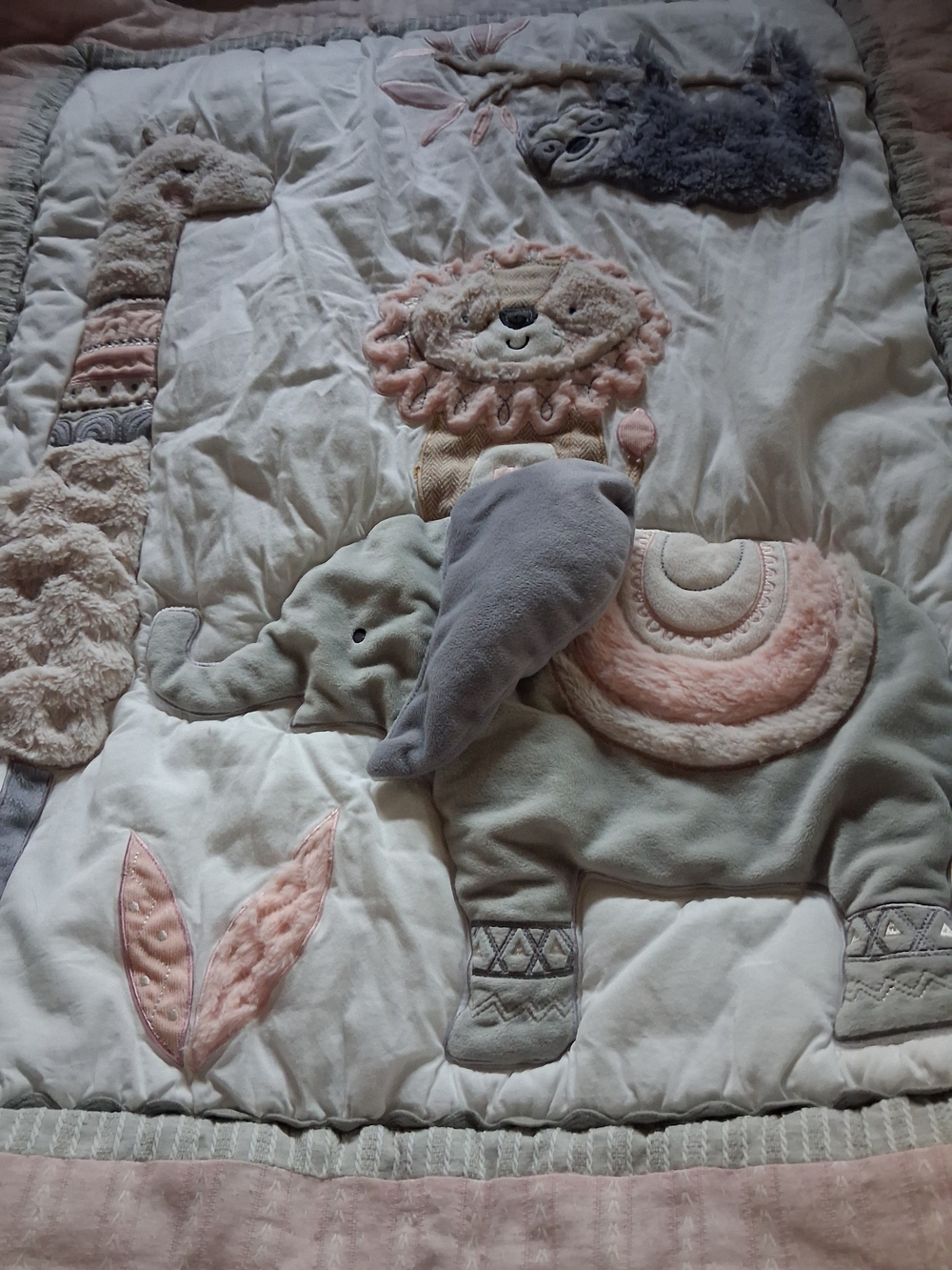 Levtex Pink, Gray & Cream Safari Animal Appliqué Baby Quilt